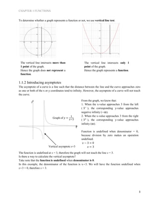 CHAPTER 1 FUNCTIONS
3
To determine whether a graph represents a function or not, we use vertical line test.
1.1.2 Introducing asymptotes
The asymptote of a curve is a line such that the distance between the line and the curve approaches zero
as one or both of the x or y coordinates tend to infinity. However, the asymptote of a curve will not touch
the curve.
The function is undefined at x = 3, therefore the graph will not touch the line x = 3.
Is there a way to calculate the vertical asymptote?
Take note that the function is undefined when denominator is 0.
In this example, the denominator of the function is x−3. We will have the function undefined when
x−3 = 0, therefore x = 3.
The vertical line intersects more than
1 point of the graph.
Hence the graph does not represent a
function.
The vertical line intersects only 1
point of the graph.
Hence the graph represents a function.
Graph of 𝑦 =
1
𝑥−3
Vertical asymptote x=3
From the graph, we know that:
1. When the x-value approaches 3 from the left
( 3−
), the corresponding y-value approaches
negative infinity (−ꚙ).
2. When the x-value approaches 3 from the right
( 3+
), the corresponding y-value approaches
infinity (ꚙ).
Function is undefined when denominator = 0,
because division by zero makes an operation
undefined.
𝑥 − 3 = 0
𝑥 = 3
y
x
 