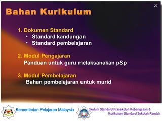 Dokumen Standard Standard kandungan  Standard pembelajaran Modul Pengajaran Panduan untuk guru melaksanakan p&p 3. Modul Pembelajaran Bahan pembelajaran untuk murid Bahan Kurikulum 