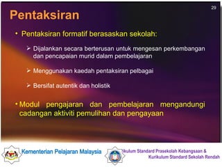 Pentaksiran formatif berasaskan sekolah: Dijalankan secara berterusan untuk mengesan perkembangan dan pencapaian murid dalam pembelajaran Menggunakan kaedah pentaksiran pelbagai Bersifat autentik dan holistik Modul pengajaran dan pembelajaran mengandungi cadangan aktiviti pemulihan dan pengayaan Pentaksiran 