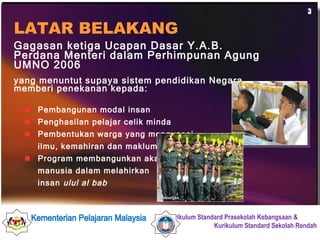 Gagasan ketiga Ucapan Dasar Y.A.B. Perdana Menteri dalam Perhimpunan Agung UMNO 2006  yang menuntut supaya sistem pendidikan Negara memberi penekanan kepada: Pembangunan modal insan Penghasilan pelajar celik minda Pembentukan warga yang menguasai  ilmu, kemahiran dan maklumat  Program membangunkan akal  manusia dalam melahirkan  insan  ulul al bab LATAR BELAKANG 