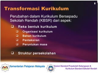 Perubahan dalam Kurikulum Bersepadu Sekolah Rendah (KBSR) dari aspek:   Reka bentuk kurikulum Organisasi kurikulum Bahan kurikulum Pentaksiran Peruntukan masa Struktur persekolahan Transformasi Kurikulum 