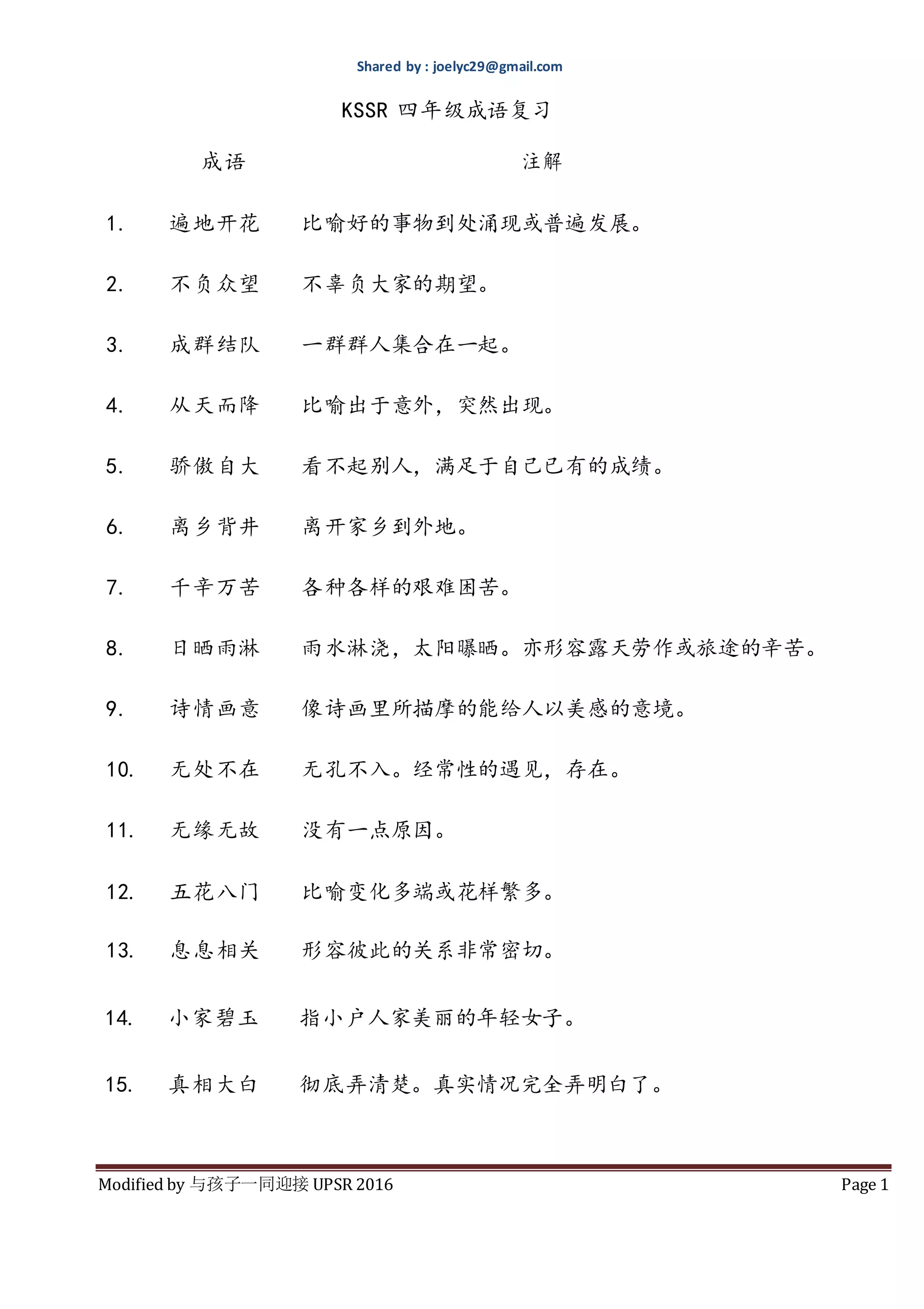 KSSR 2016年四年级华文成语完整收集| DOCX