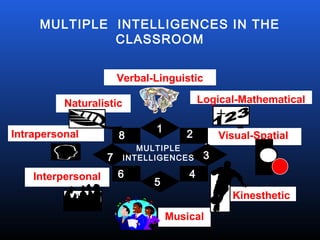 Verbal-Linguistic
Visual-Spatial
Musical
Naturalistic
Interpersonal
Intrapersonal
Logical-Mathematical
Kinesthetic
+
-1
8 2
3
4
5
6
7
MULTIPLE INTELLIGENCES IN THE
CLASSROOM
MULTIPLE
INTELLIGENCES
 