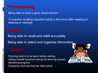Being able to recall and retell accurately
Being able to select and organise information
Being able to build a good visual memory
To practise recalling important points a few hours after reading (or
listening or viewing)
WritingWriting
RememberingRemembering
Planning what is to be learnt before starting
Asking oneself questions during the learning process
Monitoring progress
Assessing what learning has taken place
ReflectionReflection
 