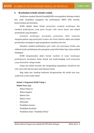 Bahan Edaran Pengurusan Akademik PPD Hulu Selangor Muka Surat 4
KURIKULUM STANDARD SEKOLAH RENDAH TAHUN 2011KSSR
5. Kurikulum terbaik sekolah rendah.
Kurikulum standard Sekolah Rendah(KSSR) menyepadukan beberapa disiplin
ilmu untuk menjadikan pengajaran dan pembelajaran (P&P) lebih menarik,
menyeronokkan dan bermakna.
KSSR digubal dalam bentuk pernyataan standard kandungan dan
standard pembelajaran yang perlu dicapai oleh murid dalam satu tempoh
persekolahan yang ditetapkan.
Standard kandungan merupakan pernyataan lebih terperinci
mengenai perkara yang murid patut ketahui dan boleh lakukan dalam satu tempoh
persekolahan merangkumi aspek pengetahuan, kemahiran dan nilai.
Manakala standard pembelajaran pula ialah satu penetapan kriteria atau
indikator kualiti pembelajaran dan pencapaian yang boleh diukur bagi setiap standard
kandungan.
KSSR diorganisasikan dalam bentuk modular di mana kandungan
pembelajaran disediakan dalam bentuk unit kendiri-lengkap (self-contained)
yang dinamakan sebagai modul.
Setiap unit adalah tersendiri dan mengandungi pengetahuan, kemahiran dan
nilai yang telah dikenal pasti untuk dikuasai murid.
Bagi tahap satu, kandung kurikulum diorganisasikan dal modul teras asas,
modul teras to dan modul elektif.
Jadual 1: Organisasi KSSR Tahap 1
Modul Teras Asas
 Bahasa Malaysia
 Bahasa Inggeris
 Bahasa Gina
 Bahasa Tamil
 Matematik
 Pendidikan Jasmani
 Pendidikan Kesihatan
 Pendidikan Islam / Pendidikan Moral
 