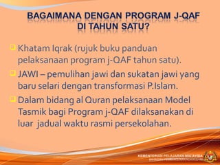  Khatam Iqrak (rujuk buku panduan
  pelaksanaan program j-QAF tahun satu).
 JAWI – pemulihan jawi dan sukatan jawi yang
  baru selari dengan transformasi P.Islam.
 Dalam bidang al Quran pelaksanaan Model
  Tasmik bagi Program j-QAF dilaksanakan di
  luar jadual waktu rasmi persekolahan.


                              KEMENTERIAN PELAJARAN MALAYSIA
                                   BAHAGIAN PEMBANGUNAN KURIKULUM
 