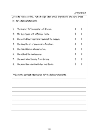 105
APPENDIX 1
Listen to the recording. Put a tick (√ ) for a true statements and put a cross
() for a false statements.
1. The journey to Terengganu took 8 hours. ( )
2. Mei Mei stayed with a Melanau family. ( )
3. She visited four traditional houses at the museum. ( )
4. She bought a lot of souvenirs in Chinatown. ( )
5. She has ridden on a horse before. ( )
6. She did not like ‘nasi dagang’. ( )
7. She went island hopping from Marang. ( )
8. She spent four nights with her host family. ( )
Provide the correct information for the false statements.
 