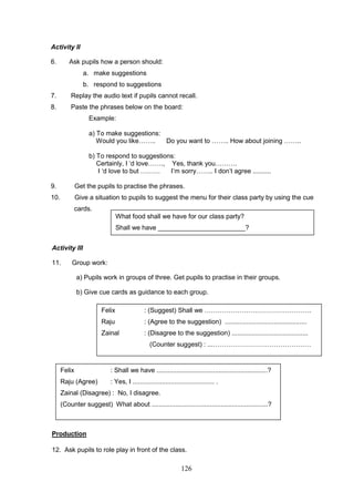 126
Activity II
6. Ask pupils how a person should:
a. make suggestions
b. respond to suggestions
7. Replay the audio text if pupils cannot recall.
8. Paste the phrases below on the board:
Example:
a) To make suggestions:
Would you like…….. Do you want to …….. How about joining ……..
b) To respond to suggestions:
Certainly, I ‘d love……., Yes, thank you……….
I ‘d love to but ……… I’m sorry…….. I don’t agree ..........
9. Get the pupils to practise the phrases.
10. Give a situation to pupils to suggest the menu for their class party by using the cue
cards.
Activity III
11. Group work:
a) Pupils work in groups of three. Get pupils to practise in their groups.
b) Give cue cards as guidance to each group.
Production
12. Ask pupils to role play in front of the class.
What food shall we have for our class party?
Shall we have ________________________?
Felix : (Suggest) Shall we ………………………………………….
Raju : (Agree to the suggestion) .............................................
Zainal : (Disagree to the suggestion) ..........................................
(Counter suggest) : ...………………………………………
Felix : Shall we have .............................................................?
Raju (Agree) : Yes, I ............................................. .
Zainal (Disagree) : No, I disagree.
(Counter suggest) What about ................................................................?
 