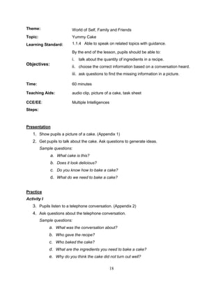 18
Theme: World of Self, Family and Friends
Topic: Yummy Cake
Learning Standard: 1.1.4 Able to speak on related topics with guidance.
Objectives:
By the end of the lesson, pupils should be able to:
i. talk about the quantity of ingredients in a recipe.
ii. choose the correct information based on a conversation heard.
iii. ask questions to find the missing information in a picture.
Time: 60 minutes
Teaching Aids: audio clip, picture of a cake, task sheet
CCE/EE: Multiple Intelligences
Steps:
Presentation
1. Show pupils a picture of a cake. (Appendix 1)
2. Get pupils to talk about the cake. Ask questions to generate ideas.
Sample questions:
a. What cake is this?
b. Does it look delicious?
c. Do you know how to bake a cake?
d. What do we need to bake a cake?
Practice
Activity I
3. Pupils listen to a telephone conversation. (Appendix 2)
4. Ask questions about the telephone conversation.
Sample questions:
a. What was the conversation about?
b. Who gave the recipe?
c. Who baked the cake?
d. What are the ingredients you need to bake a cake?
e. Why do you think the cake did not turn out well?
 