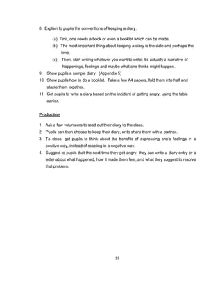 55
8. Explain to pupils the conventions of keeping a diary.
(a) First, one needs a book or even a booklet which can be made.
(b) The most important thing about keeping a diary is the date and perhaps the
time.
(c) Then, start writing whatever you want to write; it’s actually a narrative of
happenings, feelings and maybe what one thinks might happen.
9. Show pupils a sample diary. (Appendix 5)
10. Show pupils how to do a booklet. Take a few A4 papers, fold them into half and
staple them together.
11. Get pupils to write a diary based on the incident of getting angry, using the table
earlier.
Production
1. Ask a few volunteers to read out their diary to the class.
2. Pupils can then choose to keep their diary, or to share them with a partner.
3. To close, get pupils to think about the benefits of expressing one’s feelings in a
positive way, instead of reacting in a negative way.
4. Suggest to pupils that the next time they get angry, they can write a diary entry or a
letter about what happened, how it made them feel, and what they suggest to resolve
that problem.
 