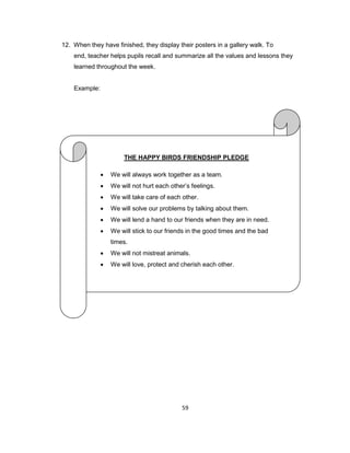 59
12. When they have finished, they display their posters in a gallery walk. To
end, teacher helps pupils recall and summarize all the values and lessons they
learned throughout the week.
Example:
THE HAPPY BIRDS FRIENDSHIP PLEDGE
 We will always work together as a team.
 We will not hurt each other’s feelings.
 We will take care of each other.
 We will solve our problems by talking about them.
 We will lend a hand to our friends when they are in need.
 We will stick to our friends in the good times and the bad
times.
 We will not mistreat animals.
 We will love, protect and cherish each other.
 