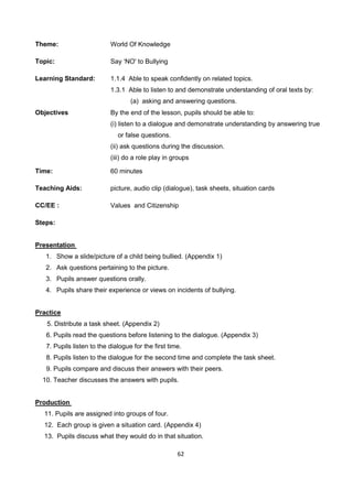 62
Theme: World Of Knowledge
Topic: Say ‘NO' to Bullying
Learning Standard: 1.1.4 Able to speak confidently on related topics.
1.3.1 Able to listen to and demonstrate understanding of oral texts by:
(a) asking and answering questions.
Objectives By the end of the lesson, pupils should be able to:
(i) listen to a dialogue and demonstrate understanding by answering true
or false questions.
(ii) ask questions during the discussion.
(iii) do a role play in groups
Time: 60 minutes
Teaching Aids: picture, audio clip (dialogue), task sheets, situation cards
CC/EE : Values and Citizenship
Steps:
Presentation
1. Show a slide/picture of a child being bullied. (Appendix 1)
2. Ask questions pertaining to the picture.
3. Pupils answer questions orally.
4. Pupils share their experience or views on incidents of bullying.
Practice
5. Distribute a task sheet. (Appendix 2)
6. Pupils read the questions before listening to the dialogue. (Appendix 3)
7. Pupils listen to the dialogue for the first time.
8. Pupils listen to the dialogue for the second time and complete the task sheet.
9. Pupils compare and discuss their answers with their peers.
10. Teacher discusses the answers with pupils.
Production
11. Pupils are assigned into groups of four.
12. Each group is given a situation card. (Appendix 4)
13. Pupils discuss what they would do in that situation.
 
