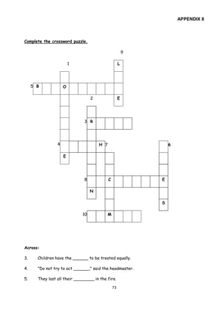 73
APPENDIX 8
Complete the crossword puzzle.
9
1 L
5 B O
2 E
3 R
4 H 7 6
E
8 C E
N
S
10 M
Across:
3. Children have the ______ to be treated equally.
4. "Do not try to act ______," said the headmaster.
5. They lost all their ________ in the fire.
 