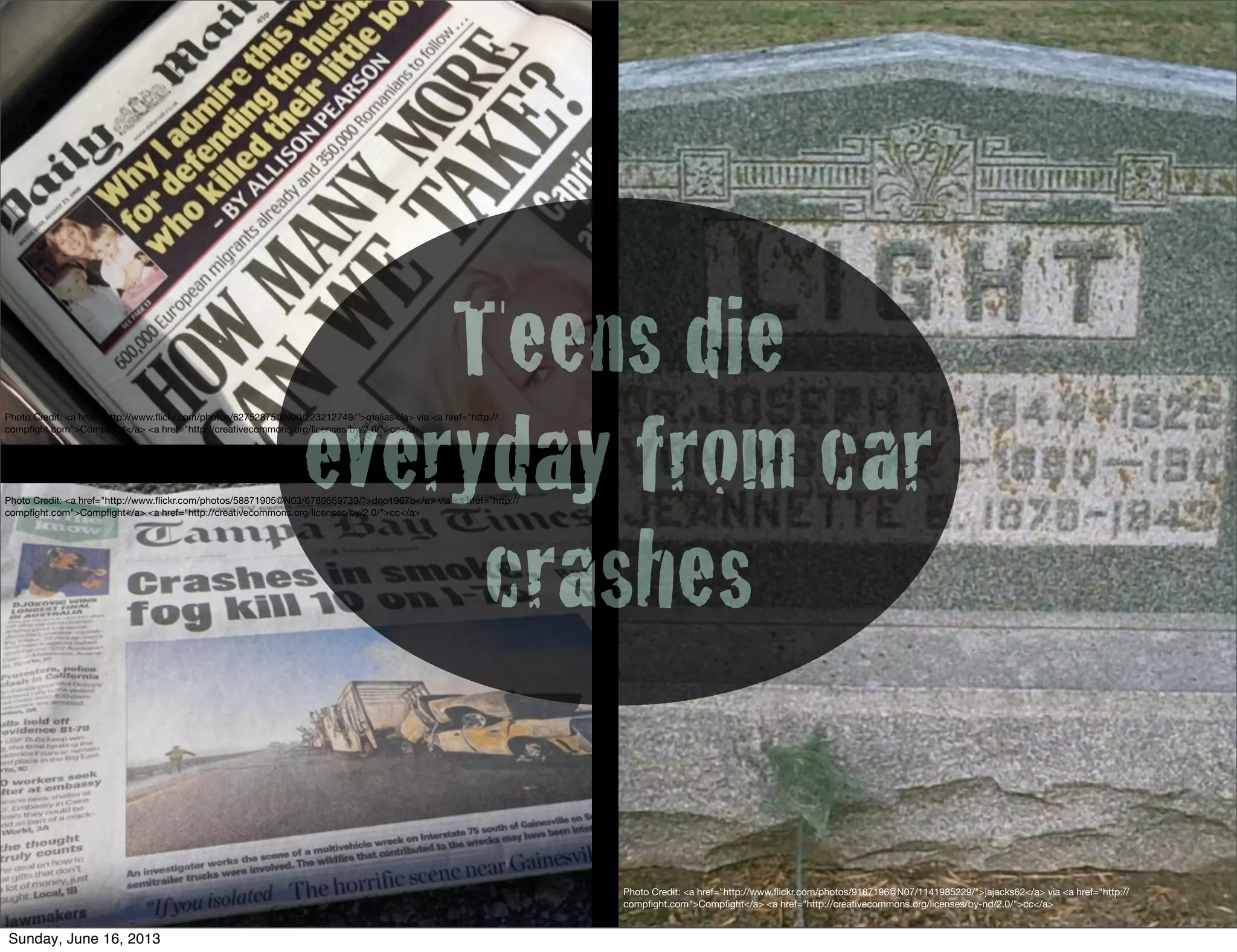 Photo Credit: <a href="http://www.ﬂickr.com/photos/9167196@N07/1141985229/">jajacks62</a> via <a href="http://
compﬁght.com">Compﬁght</a> <a href="http://creativecommons.org/licenses/by-nd/2.0/">cc</a>
Photo Credit: <a href="http://www.ﬂickr.com/photos/62752875@N00/223212749/">malias</a> via <a href="http://
compﬁght.com">Compﬁght</a> <a href="http://creativecommons.org/licenses/by/2.0/">cc</a>
Photo Credit: <a href="http://www.ﬂickr.com/photos/58871905@N03/6789659739/">dno1967b</a> via <a href="http://
compﬁght.com">Compﬁght</a> <a href="http://creativecommons.org/licenses/by/2.0/">cc</a>
Teens die
everyday from car
crashes
Sunday, June 16, 2013
 