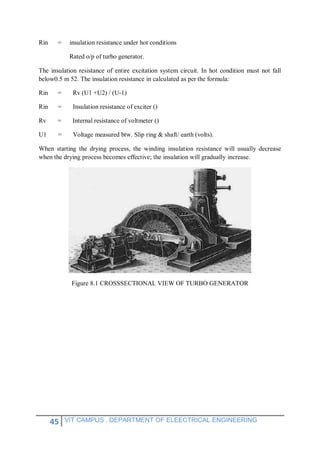 45 VIT CAMPUS , DEPARTMENT OF ELEECTRICAL ENGINEERING
Rin = insulation resistance under hot conditions
Rated o/p of turbo generator.
The insulation resistance of entire excitation system circuit. In hot condition must not fall
below0.5 m 52. The insulation resistance in calculated as per the formula:
Rin = Rv (U1 +U2) / (U-1)
Rin = Insulation resistance of exciter ()
Rv = Internal resistance of voltmeter ()
U1 = Voltage measured btw. Slip ring & shaft/ earth (volts).
When starting the drying process, the winding insulation resistance will usually decrease
when the drying process becomes effective; the insulation will gradually increase.
Figure 8.1 CROSSSECTIONAL VIEW OF TURBO GENERATOR
 