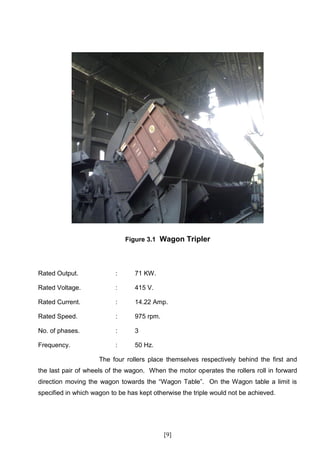 Figure 3.1 Wagon Tripler




Rated Output.              :     71 KW.

Rated Voltage.             :     415 V.

Rated Current.             :     14.22 Amp.

Rated Speed.               :     975 rpm.

No. of phases.             :     3

Frequency.                 :     50 Hz.

                     The four rollers place themselves respectively behind the first and
the last pair of wheels of the wagon. When the motor operates the rollers roll in forward
direction moving the wagon towards the “Wagon Table”. On the Wagon table a limit is
specified in which wagon to be has kept otherwise the triple would not be achieved.




                                            [9]
 