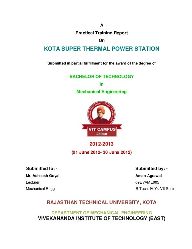 kota super thermal power station training report training report cover page