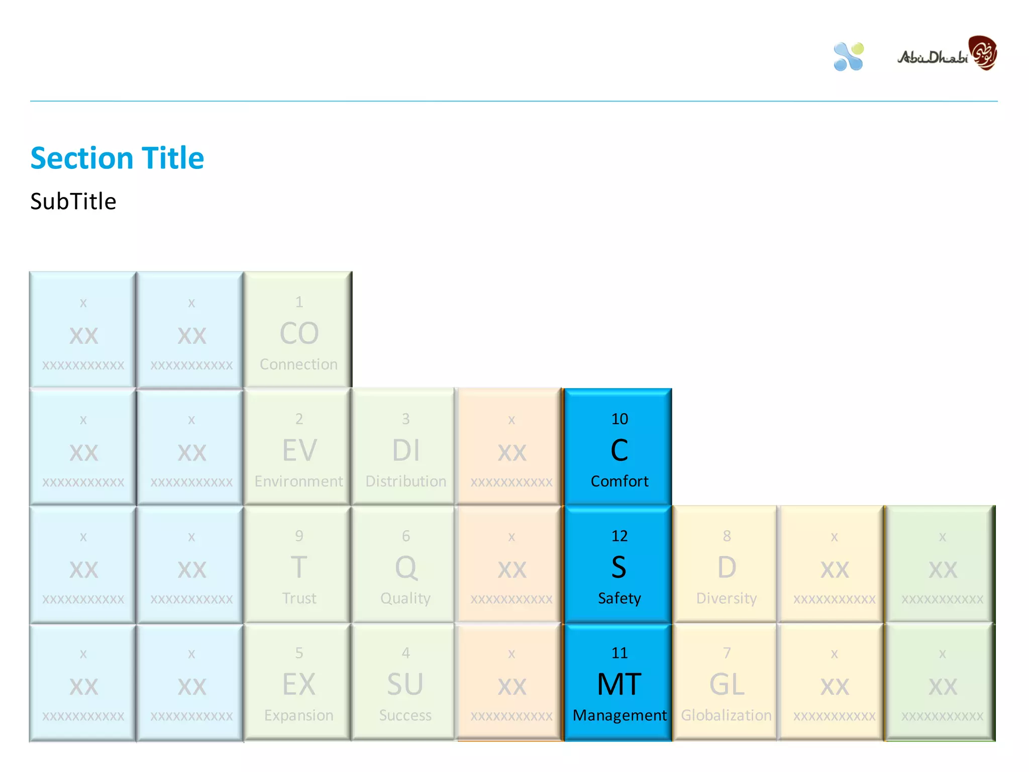 Section Title
SubTitle


      x            x              1

    xx            xx            CO
 xxxxxxxxxxx   xxxxxxxxxxx   Connection


      x            x              2             3              x            10

    xx            xx            EV            DI             xx             C
 xxxxxxxxxxx   xxxxxxxxxxx   Environment   Distribution   xxxxxxxxxxx     Comfort


      x            x              9             6              x            12            8            x              x

    xx            xx             T             Q             xx             S            D            xx            xx
 xxxxxxxxxxx   xxxxxxxxxxx      Trust        Quality      xxxxxxxxxxx      Safety     Diversity    xxxxxxxxxxx   xxxxxxxxxxx


      x            x              5             4              x            11            7            x              x

    xx            xx            EX            SU             xx           MT            GL            xx            xx
 xxxxxxxxxxx   xxxxxxxxxxx    Expansion      Success      xxxxxxxxxxx   Management Globalization   xxxxxxxxxxx   xxxxxxxxxxx
 