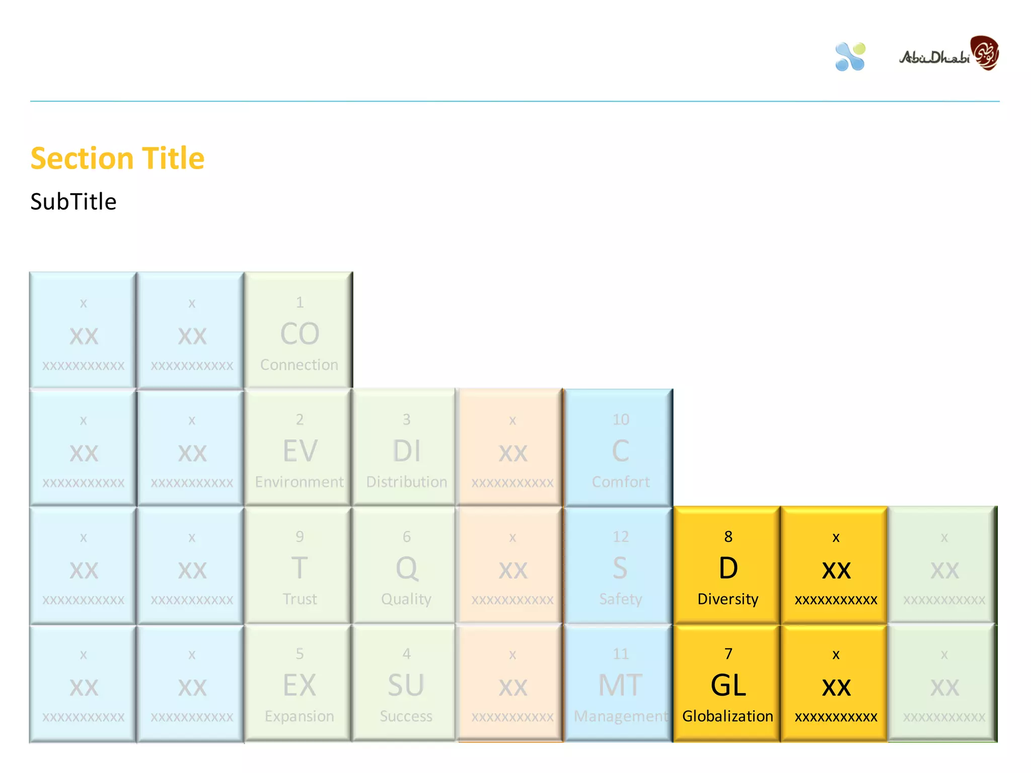 Section Title
SubTitle


      x            x              1

    xx            xx            CO
 xxxxxxxxxxx   xxxxxxxxxxx   Connection


      x            x              2             3              x            10

    xx            xx            EV            DI             xx             C
 xxxxxxxxxxx   xxxxxxxxxxx   Environment   Distribution   xxxxxxxxxxx     Comfort


      x            x              9             6              x            12            8            x              x

    xx            xx             T             Q             xx             S            D            xx            xx
 xxxxxxxxxxx   xxxxxxxxxxx      Trust        Quality      xxxxxxxxxxx      Safety     Diversity    xxxxxxxxxxx   xxxxxxxxxxx


      x            x              5             4              x            11            7            x              x

    xx            xx            EX            SU             xx           MT            GL            xx            xx
 xxxxxxxxxxx   xxxxxxxxxxx    Expansion      Success      xxxxxxxxxxx   Management Globalization   xxxxxxxxxxx   xxxxxxxxxxx
 