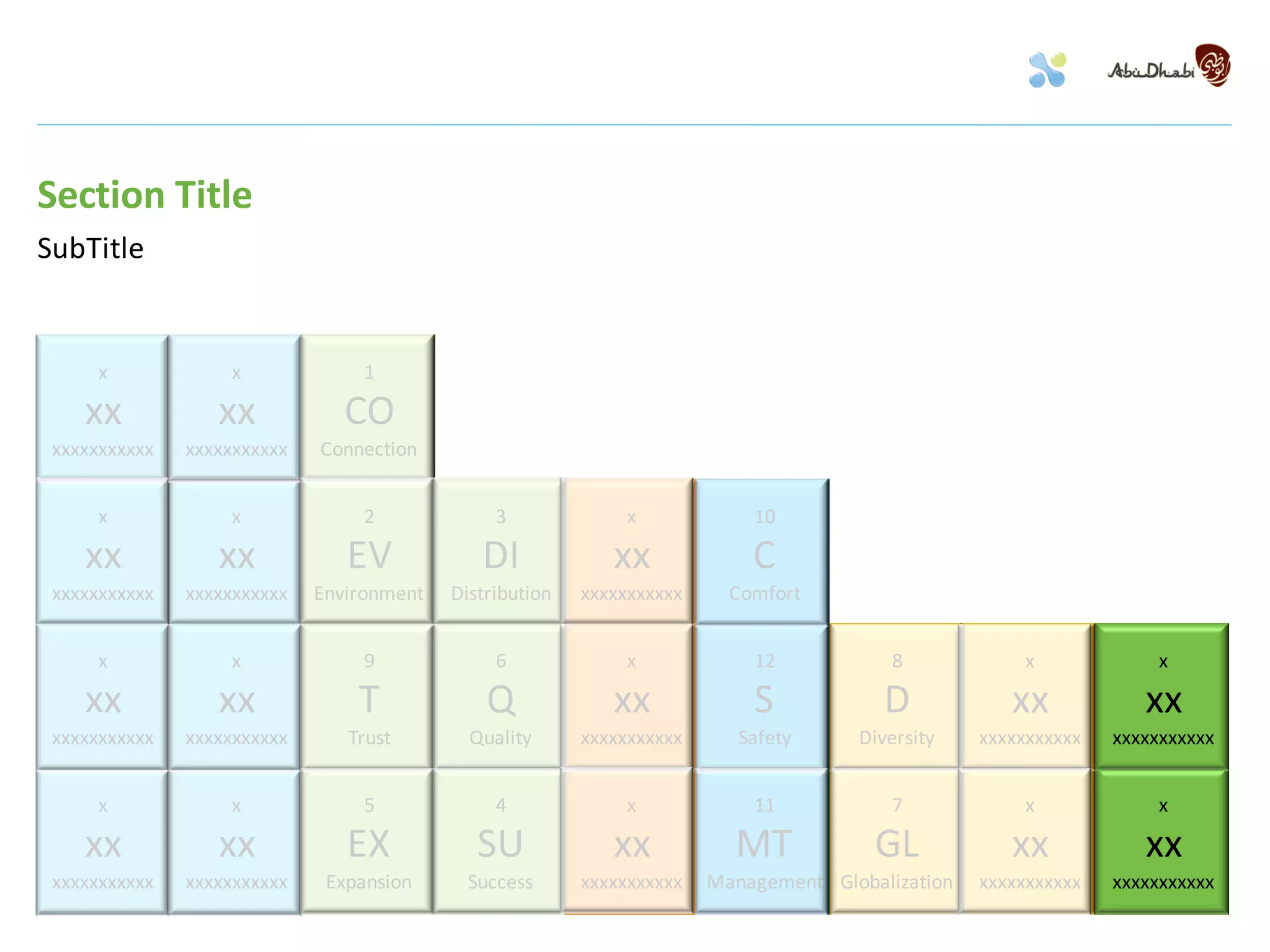 Section Title
SubTitle


      x            x              1

    xx            xx            CO
 xxxxxxxxxxx   xxxxxxxxxxx   Connection


      x            x              2             3              x            10

    xx            xx            EV            DI             xx             C
 xxxxxxxxxxx   xxxxxxxxxxx   Environment   Distribution   xxxxxxxxxxx     Comfort


      x            x              9             6              x            12            8            x              x

    xx            xx             T             Q             xx             S            D            xx            xx
 xxxxxxxxxxx   xxxxxxxxxxx      Trust        Quality      xxxxxxxxxxx      Safety     Diversity    xxxxxxxxxxx   xxxxxxxxxxx


      x            x              5             4              x            11            7            x              x

    xx            xx            EX            SU             xx           MT            GL            xx            xx
 xxxxxxxxxxx   xxxxxxxxxxx    Expansion      Success      xxxxxxxxxxx   Management Globalization   xxxxxxxxxxx   xxxxxxxxxxx
 
