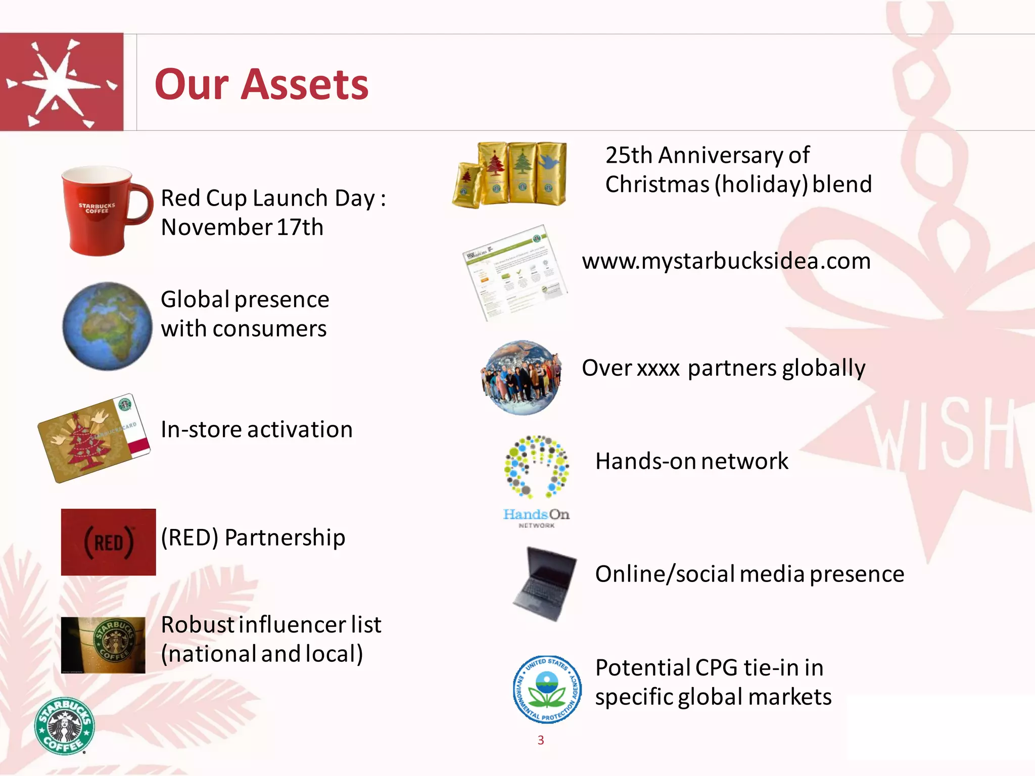 Our Assets
                               25th Anniversary of
                               Christmas (holiday) blend
Red Cup Launch Day :
November 17th
                             www.mystarbucksidea.com
Global presence
with consumers
                             Over xxxx partners globally

In-store activation
                              Hands-on network

(RED) Partnership
                              Online/social media presence
Robust influencer list
(national and local)
                              Potential CPG tie-in in
                              specific global markets
                         3
 