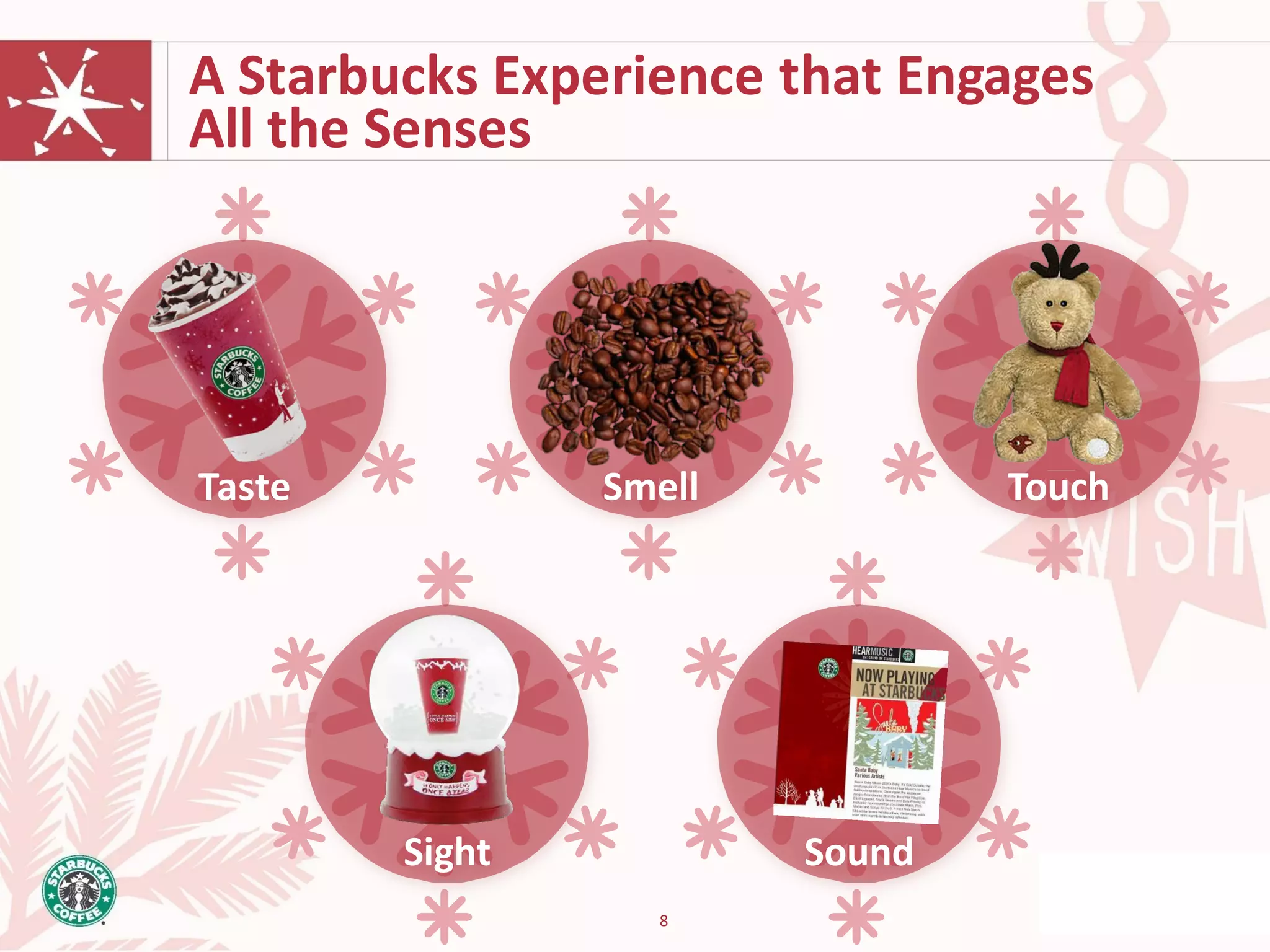 A Starbucks Experience that Engages
All the Senses




Taste           Smell           Touch




        Sight           Sound
                  8
 