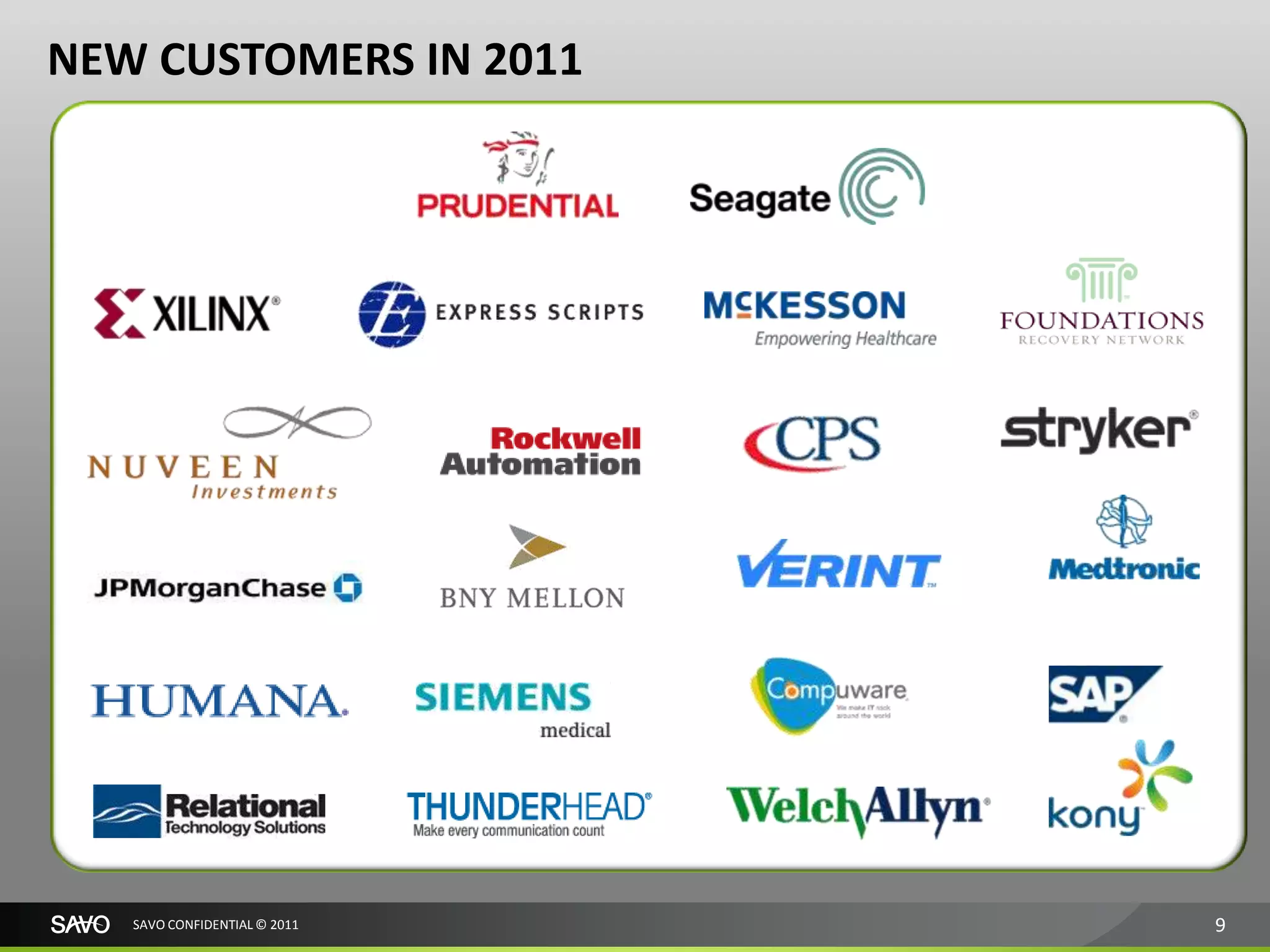 NEW CUSTOMERS IN 2011




   SAVO CONFIDENTIAL © 2011   9
 