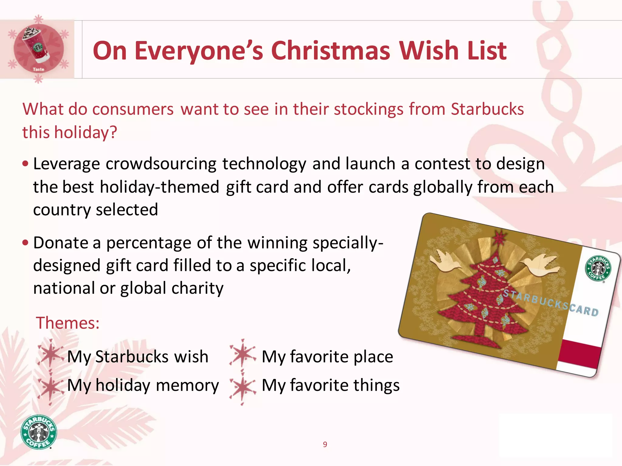 On Everyone’s Christmas Wish List
What do consumers want to see in their stockings from Starbucks
this holiday?
• Leverage crowdsourcing technology and launch a contest to design
  the best holiday-themed gift card and offer cards globally from each
  country selected
• Donate a percentage of the winning specially-
  designed gift card filled to a specific local,
  national or global charity
  Themes:
      My Starbucks wish        My favorite place
      My holiday memory        My favorite things

                                       9
 