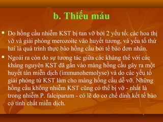 b. Thiếu máu
   Do hồng cầu nhiễm KST bị tan vỡ bởi 2 yếu tố: các hoa thị
    vỡ và giải phóng merozoite vào huyết tương, và yếu tố thứ
    hai là quá trình thực bào hồng cầu bởi tế bào đơn nhân.
   Ngoài ra còn do sự tương tác giữa các kháng thể với các
    kháng nguyên KST đã gắn vào màng hồng cầu gây ra một
    huyết tán miễn dịch (immunohemolyse) và do các yếu tố
    giải phóng từ KST làm cho màng hồng cầu dễ vỡ. Những
    hồng cầu không nhiễm KST cũng có thể bị vỡ - nhất là
    trong nhiễm P. falciparum - có lẽ do cơ chế dính kết tế bào
    có tính chất miễn dịch.
 