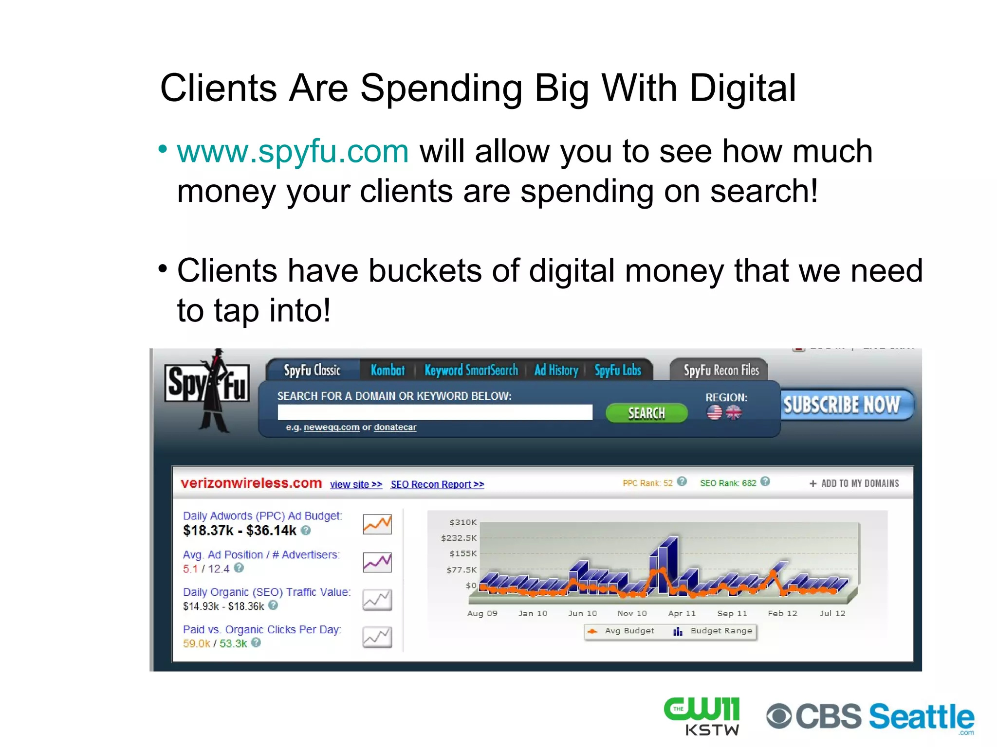 Unique
Visitor
s
Page
Views
Pages
per
Visit
Length
of Visit
Streamin
g
Sessions
CUME
Streaming
735,160 1,413,371 1.6 5:02 26,076 9,985
40,364 210,663 3.9 15:36 79,307 21,607
30,251 142,360 3.9 13:22 45,528 11,320
40,667 270,530 4.8 16:56 81,745 20,932
5,837 24,883 5.3 11:50 n/a n/a
TOTAL 852,279 2,061,807 n/a n/a 232,656 63,844
8
CBS SEATTLE DIGITAL
TRAFFIC OVERVIEW
KMPS-FM Database: 19,367
JACK-FM Database: 9,923
KZOK-FM Database: 4,450
TOTAL: 33,740
Source 2012 Google Analytics - 2012 Ando Media (streaming)
3/29/13
KMPS-FM Database: 27,662
JACK-FM Database: 14,523
KZOK-FM Database: 22,000
TOTAL: 64,185
 