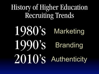 History of Higher Education
     Recruiting Trends

 1980’s        Marketing

 1990’s        Branding

 2010’s       Authenticity
 