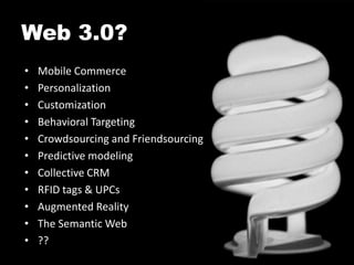 The Age of the “Informed Consumer”*4 of 5 peopleuse relationships and peerswhile making a purchasing decision.69%62%Research Products online before going to a store to make a purchase61%Have looked at least once at an online peer review before making a purchase39%Want to be able to scan bar codes and access information on other stores’ prices9%Compared a product’s feature and price across retail outlets online before buyingUsed a cell phone to text-message a friend or relation about a product while shopping*Source:  Business week “Wholesale Changes in the Way we Shop”