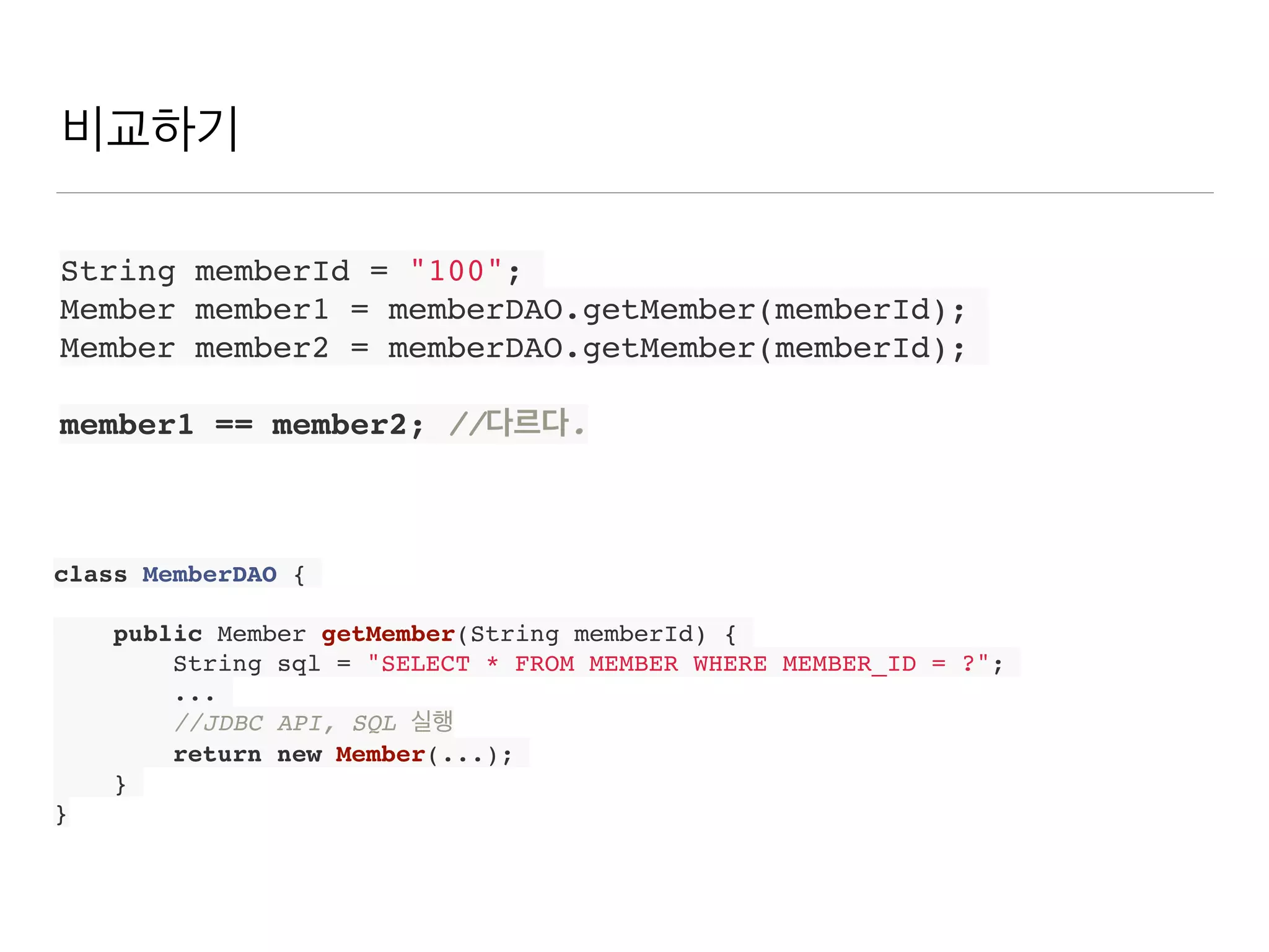 비교하기
String memberId = "100";
Member member1 = memberDAO.getMember(memberId);
Member member2 = memberDAO.getMember(memberId);
member1 == member2; //다르다.
class MemberDAO {
public Member getMember(String memberId) {
String sql = "SELECT * FROM MEMBER WHERE MEMBER_ID = ?";
...
//JDBC API, SQL 실행
return new Member(...);
}
}
 