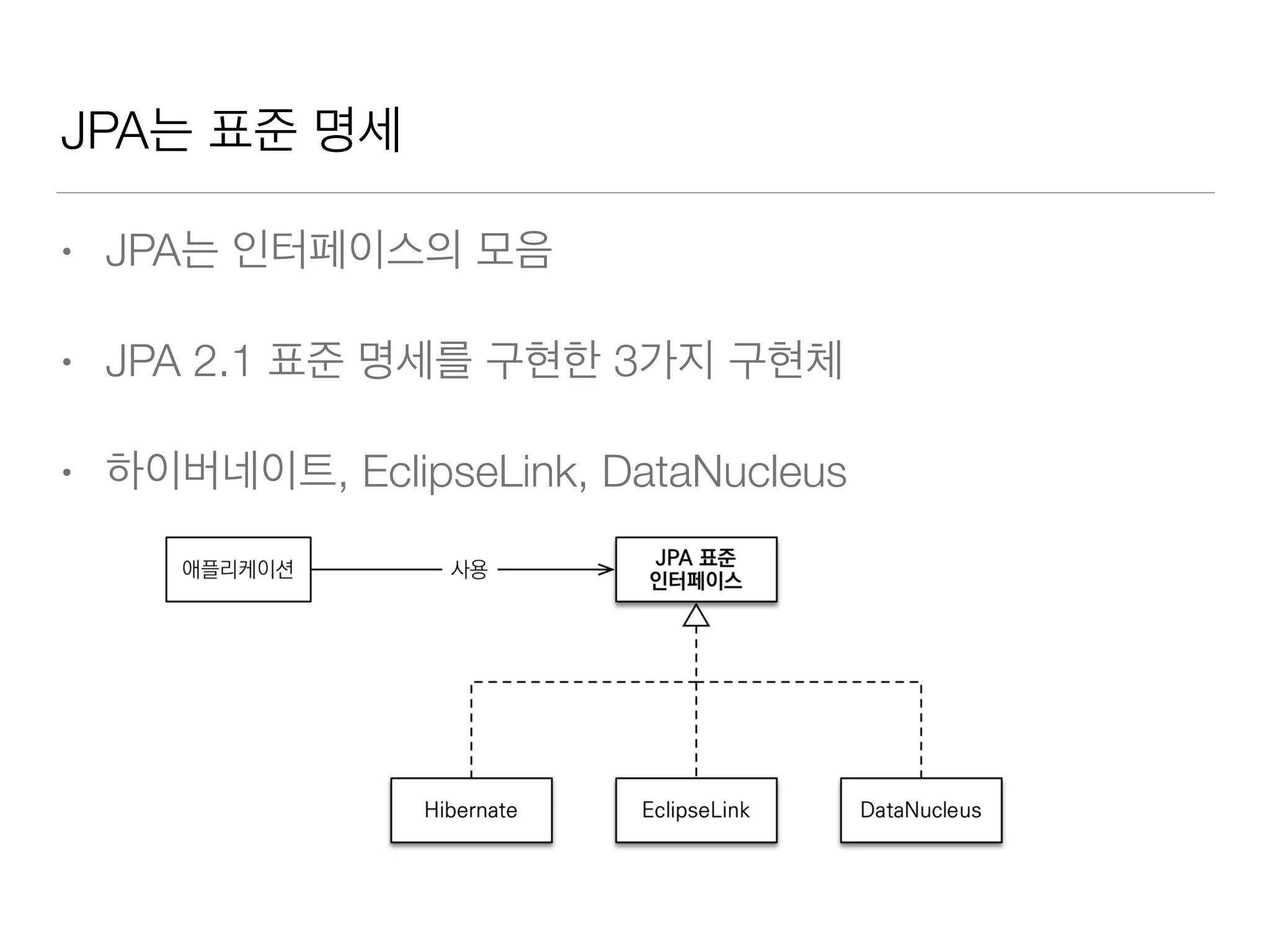 JPA는 표준 명세
• JPA는 인터페이스의 모음
• JPA 2.1 표준 명세를 구현한 3가지 구현체
• 하이버네이트, EclipseLink, DataNucleus
 
