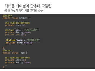 객체를 테이블에 맞추어 모델링
(참조 대신에 외래 키를 그대로 사용)
@Entity 
public class Member {
 
@Id @GeneratedValue 
private Long id; 
 
@Column(name = "USERNAME") 
private String name; 
private int age; 
 
@Column(name = "TEAM_ID") 
private Long teamId;
…
}
@Entity 
public class Team { 
 
@Id @GeneratedValue 
private Long id; 
private String name;
…
}
 
