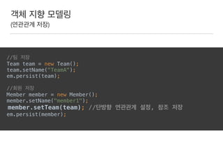 객체 지향 모델링
(연관관계 저장)
//팀 저장 
Team team = new Team(); 
team.setName("TeamA"); 
em.persist(team); 
 
//회원 저장 
Member member = new Member(); 
member.setName("member1"); 
member.setTeam(team); //단방향 연관관계 설정, 참조 저장 
em.persist(member); 
 