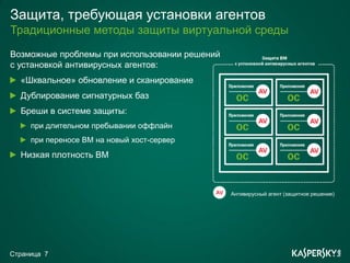Защита, требующая установки агентов
Традиционные методы защиты виртуальной среды
Возможные проблемы при использовании решений
с установкой антивирусных агентов:
  «Шквальное» обновление и сканирование
                                                          AV                 AV
  Дублирование сигнатурных баз
  Бреши в системе защиты:
                                                          AV                 AV
     при длительном пребывании оффлайн
     при переносе ВМ на новый хост-сервер
                                                          AV                 AV
  Низкая плотность ВМ



                                            AV   Антивирусный агент (защитное решение)




Страница 7
 