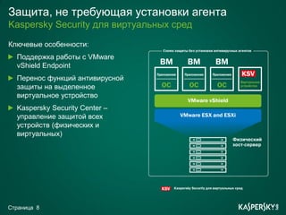 Защита, не требующая установки агента
Kaspersky Security для виртуальных сред
Ключевые особенности:
  Поддержка работы с VMware
  vShield Endpoint
  Перенос функций антивирусной
  защиты на выделенное
  виртуальное устройство
  Kaspersky Security Center –
  управление защитой всех
  устройств (физических и
  виртуальных)




Страница 8
 