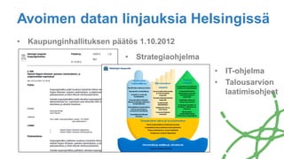 Avoimen datan linjauksia Helsingissä
• Kaupunginhallituksen päätös 1.10.2012
• Strategiaohjelma
• IT-ohjelma
• Talousarvion
laatimisohjeet
 