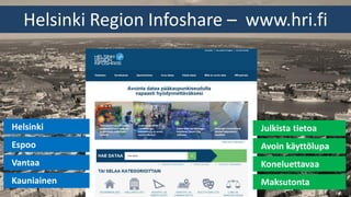 Helsinki Region Infoshare – www.hri.fi
Avoin käyttölupa
Koneluettavaa
Maksutonta
Julkista tietoa
Espoo
Vantaa
Kauniainen
Helsinki
 