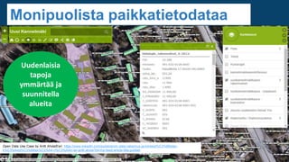 Monipuolista paikkatietodataa
Open Data Use Case by Antti Ahola/Esri: https://www.linkedin.com/pulse/avoin-data-rakennus-ja-kiinteist%C3%B6alan-
k%C3%A4yt%C3%B6ss%C3%A4-n%C3%A4in-se-antti-ahola?trk=hp-feed-article-title-publish
Uudenlaisia
tapoja
ymmärtää ja
suunnitella
alueita
 