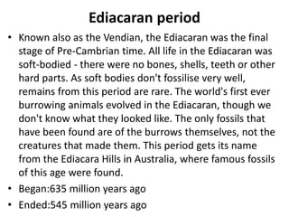 Ediacaran period
• Known also as the Vendian, the Ediacaran was the final
stage of Pre-Cambrian time. All life in the Ediacaran was
soft-bodied - there were no bones, shells, teeth or other
hard parts. As soft bodies don't fossilise very well,
remains from this period are rare. The world's first ever
burrowing animals evolved in the Ediacaran, though we
don't know what they looked like. The only fossils that
have been found are of the burrows themselves, not the
creatures that made them. This period gets its name
from the Ediacara Hills in Australia, where famous fossils
of this age were found.
• Began:635 million years ago
• Ended:545 million years ago
 