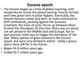 Eocene epoch
• The Eocene began as a time of global warming, with
temperatures across the planet soaring. Forests thrived
and trees grew even in polar regions. Eventually, the
Eocene became cooler and drier. As India continued to
drift northwards, pushing against the Eurasian
continent, the mass of rocks thrust up between them
formed the Himalayas. At this time Africa was an island,
not yet joined to the Middle East and Europe, but its
own journey north was to trigger the formation of the
Alps. Many species of grass evolved in the Eocene
epoch, but were very limited in extent - today's grassy
plains were still far in the future.
• Began:54.8 million years ago
• Ended:33.7 million years ago
 