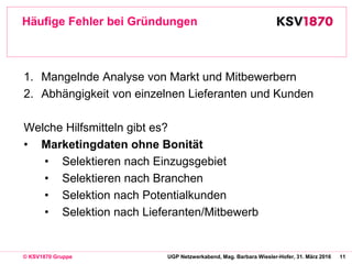 11© KSV1870 Gruppe UGP Netzwerkabend, Mag. Barbara Wiesler-Hofer, 31. März 2016
Häufige Fehler bei Gründungen
1. Mangelnde...