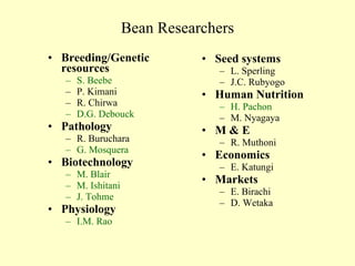 Bean Researchers Breeding/Genetic resources S. Beebe P. Kimani R. Chirwa D.G. Debouck Pathology R. Buruchara G. Mosquera Biotechnology M. Blair  M. Ishitani J. Tohme Physiology I.M. Rao Seed systems L. Sperling J.C. Rubyogo Human Nutrition H. Pachon M. Nyagaya M & E   R. Muthoni Economics E. Katungi Markets E. Birachi D. Wetaka 