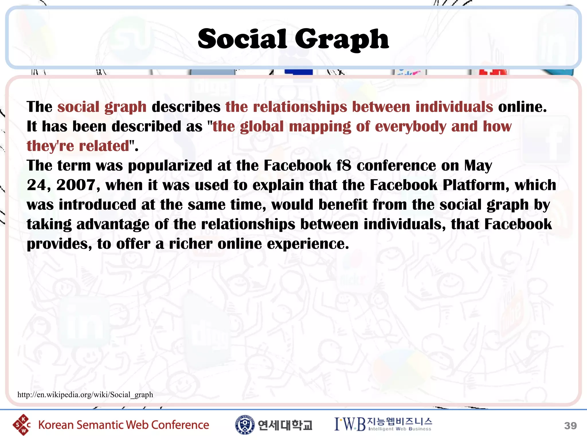 Social Graph

  The social graph describes the relationships between individuals online.
  It has been described as "the global mapping of everybody and how
  they're related".
  The term was popularized at the Facebook f8 conference on May
  24, 2007, when it was used to explain that the Facebook Platform, which
  was introduced at the same time, would benefit from the social graph by
  taking advantage of the relationships between individuals, that Facebook
  provides, to offer a richer online experience.




http://en.wikipedia.org/wiki/Social_graph


                                                                             39
 