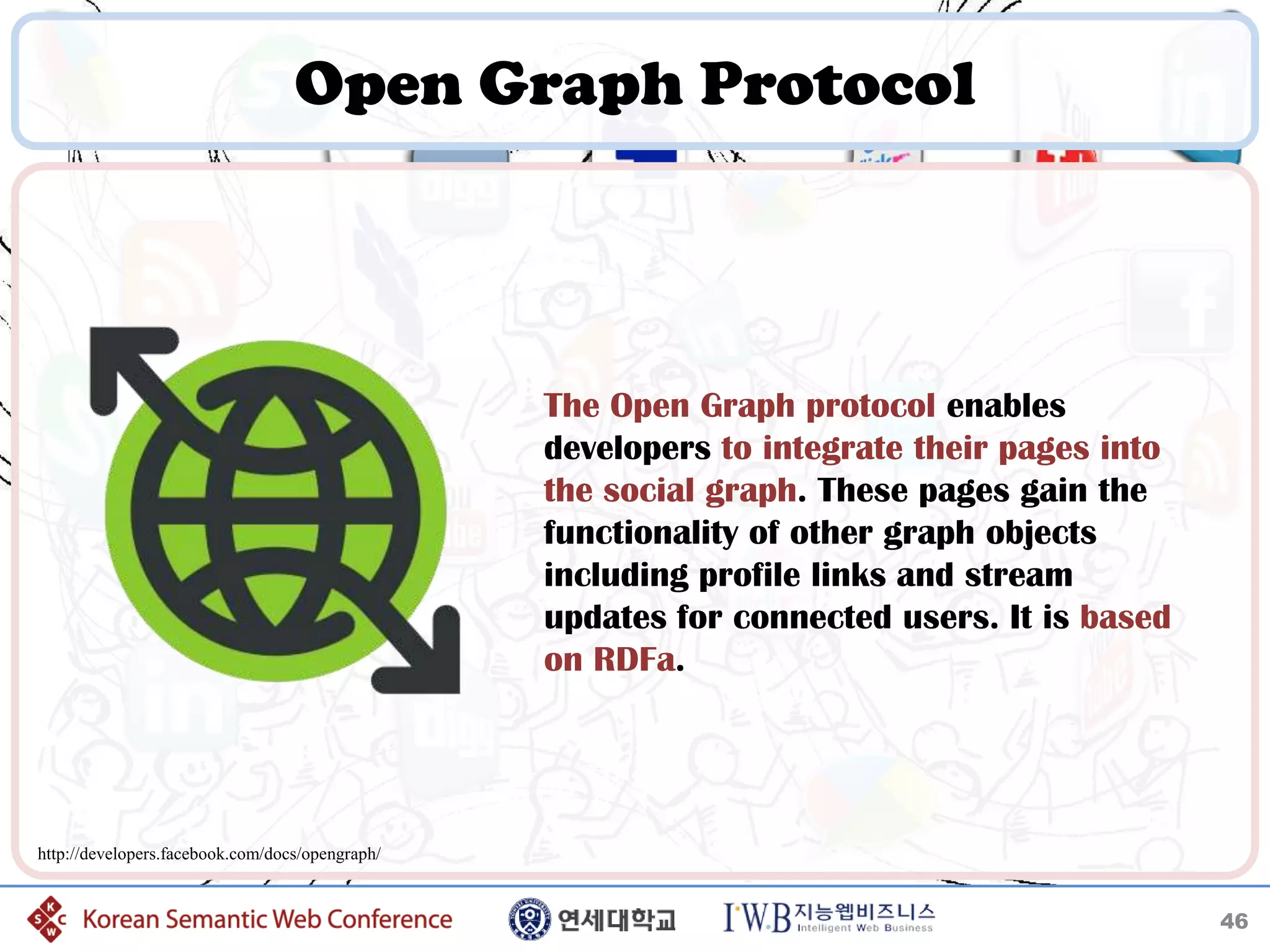 Open Graph Protocol



                                                 The Open Graph protocol enables
                                                 developers to integrate their pages into
                                                 the social graph. These pages gain the
                                                 functionality of other graph objects
                                                 including profile links and stream
                                                 updates for connected users. It is based
                                                 on RDFa.




http://developers.facebook.com/docs/opengraph/


                                                                                            46
 