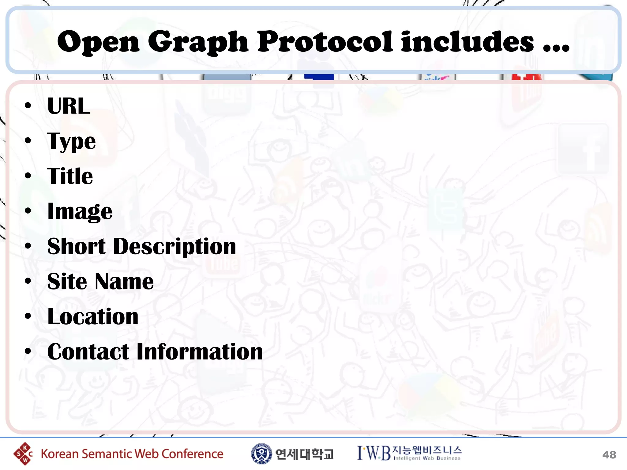 Open Graph Protocol includes …
•   URL
•   Type
•   Title
•   Image
•   Short Description
•   Site Name
•   Location
•   Contact Information



                                     48
 