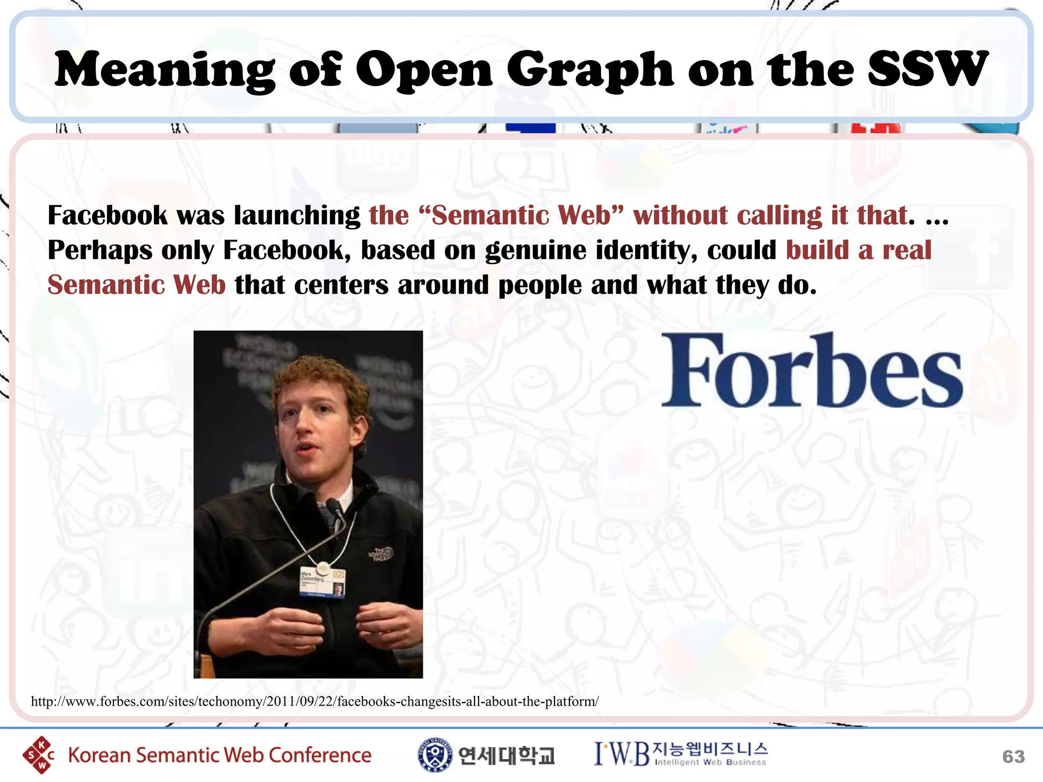 Meaning of Open Graph on the SSW

  Facebook was launching the “Semantic Web” without calling it that. …
  Perhaps only Facebook, based on genuine identity, could build a real
  Semantic Web that centers around people and what they do.




http://www.forbes.com/sites/techonomy/2011/09/22/facebooks-changesits-all-about-the-platform/


                                                                                                63
 