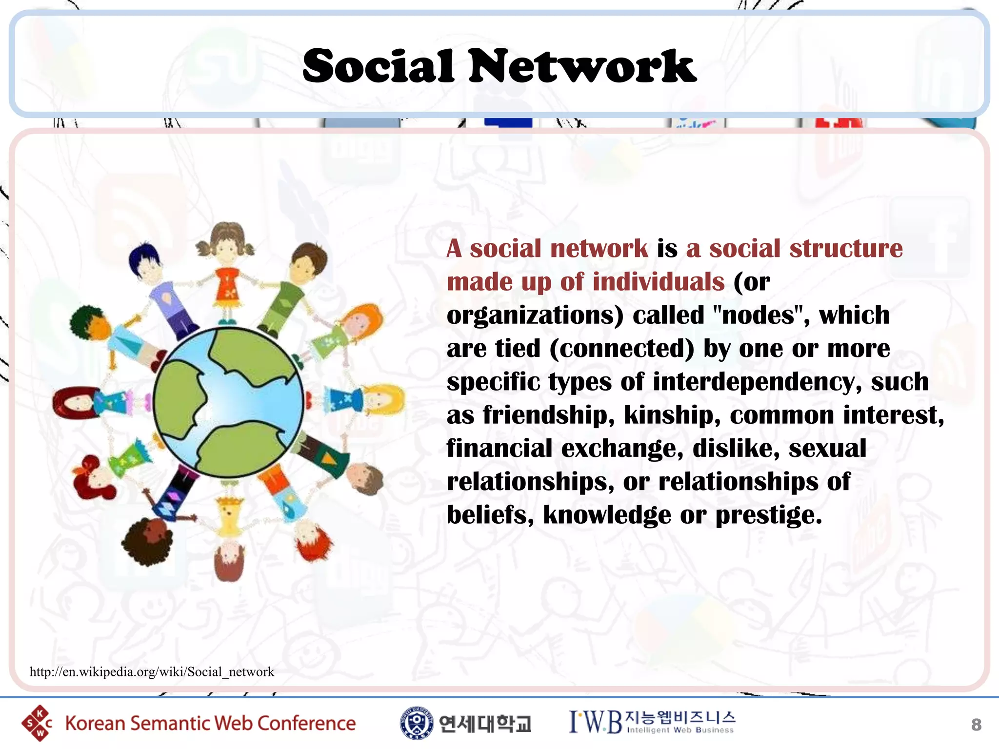 Social Network


                                                   A social network is a social structure
                                                   made up of individuals (or
                                                   organizations) called "nodes", which
                                                   are tied (connected) by one or more
                                                   specific types of interdependency, such
                                                   as friendship, kinship, common interest,
                                                   financial exchange, dislike, sexual
                                                   relationships, or relationships of
                                                   beliefs, knowledge or prestige.




http://en.wikipedia.org/wiki/Social_network


                                                                                              8
 